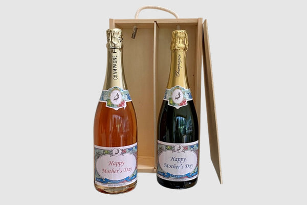 A bottle of White & a bottle of Rose personalised Champagne in a wooden gift box | Support Bubbles Hamper Gift by Frisky Partridge