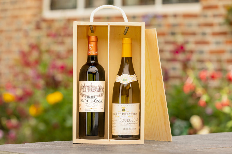 The French Duo Hamper Gift by Frisky Partridge | A bottle of red Bordeaux claret and white Burgunday Chardonnay in a wooden gift box