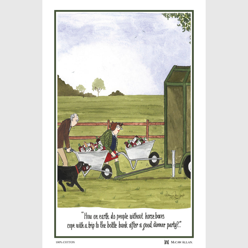 Tottering by Gently Trips to the Bottle Bank cotton tea towel
