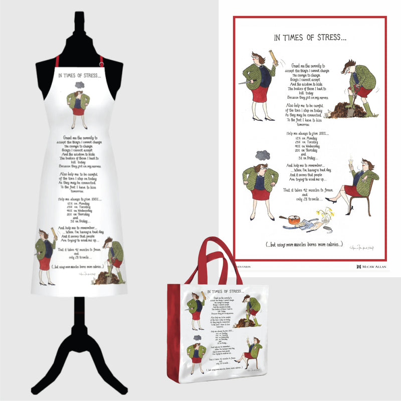 Tottering by Gently In Times of Stress linen tea towel, cotton apron and pvc shopping bag