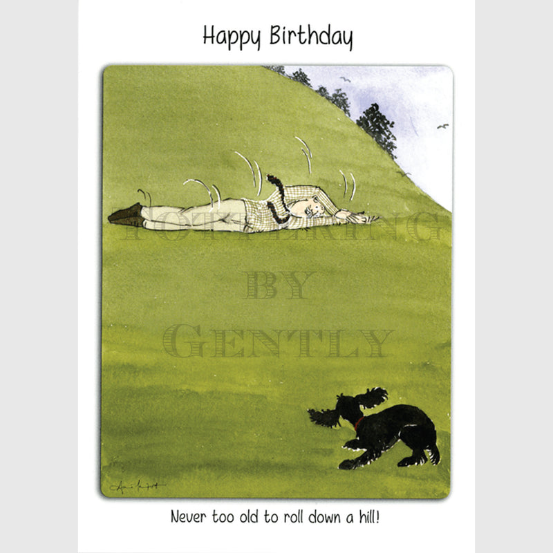 Never too old to roll down a hill - Happy Birthday greeting card