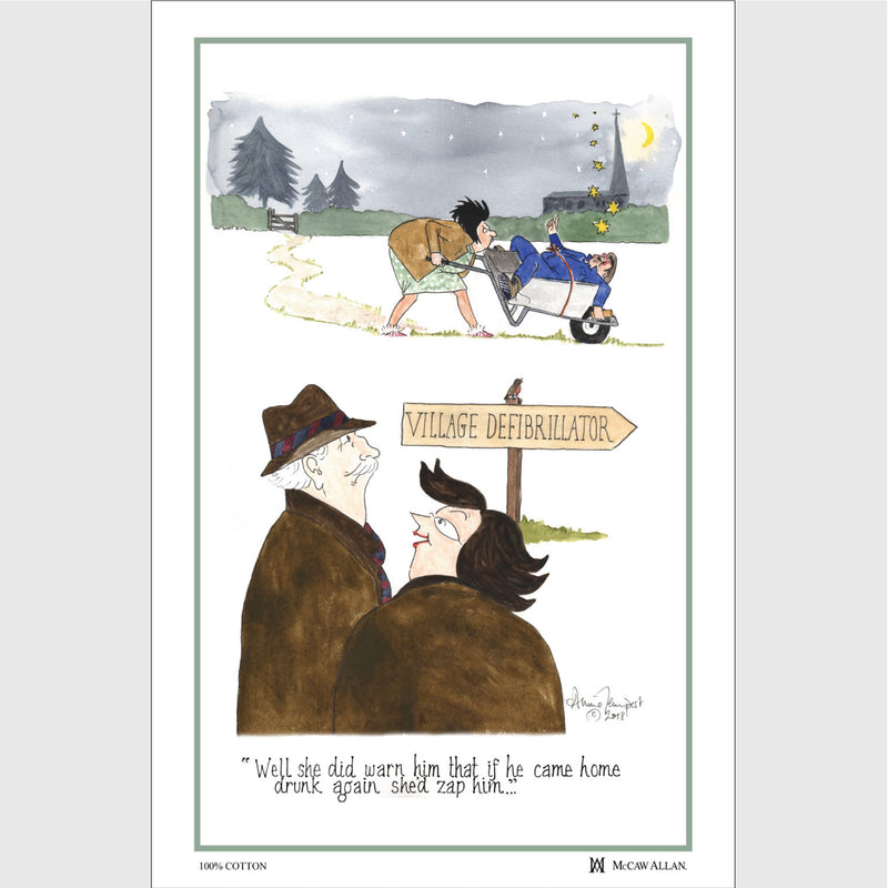 Tottering by Gently Village Defibrilator cotton tea towel