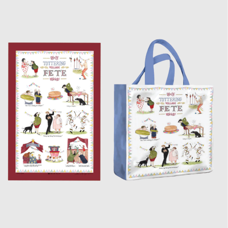 Tottering by Gently Village Fete cotton tea towel with Village Fete shopping bag