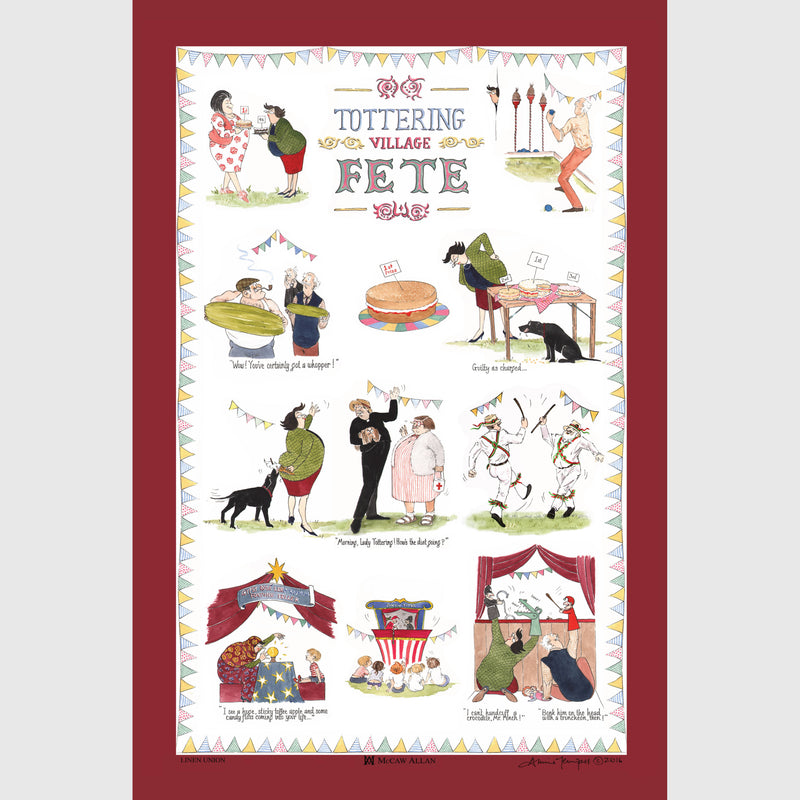 Tottering by Gently Village Fete cotton tea towel